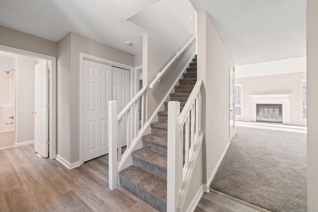 stairway with hardwood / wood-style floors and a textured ceiling