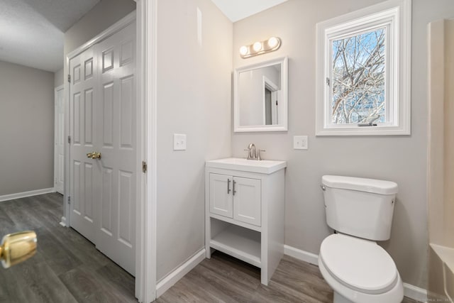 bathroom featuring hardwood / wood-style flooring, vanity, and toilet