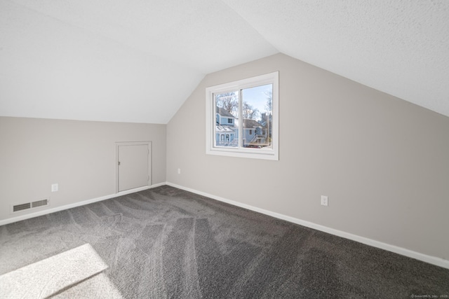 additional living space with lofted ceiling, a textured ceiling, and carpet