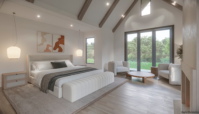 bedroom featuring beam ceiling, light hardwood / wood-style floors, high vaulted ceiling, and multiple windows