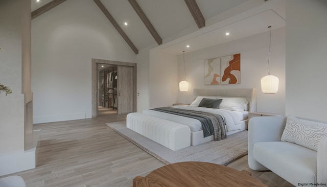 bedroom with beam ceiling, high vaulted ceiling, and light hardwood / wood-style flooring