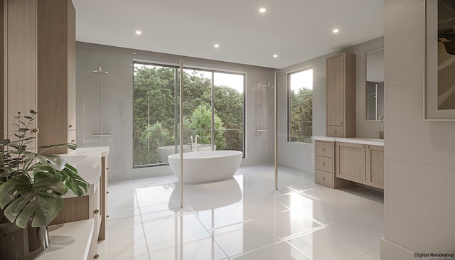 bathroom featuring tile patterned floors, separate shower and tub, and vanity