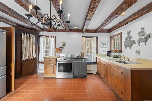 kitchen with light countertops, beamed ceiling, stainless steel electric stove, and a sink