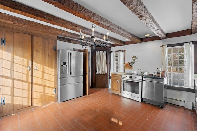 kitchen with an inviting chandelier, decorative light fixtures, baseboard heating, appliances with stainless steel finishes, and beamed ceiling