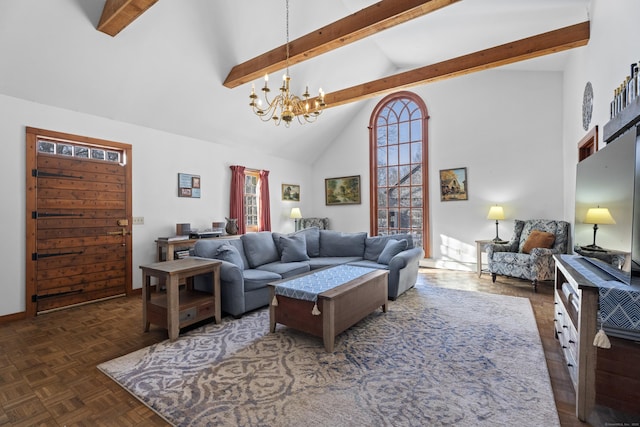 living room featuring beamed ceiling, dark parquet flooring, an inviting chandelier, and high vaulted ceiling