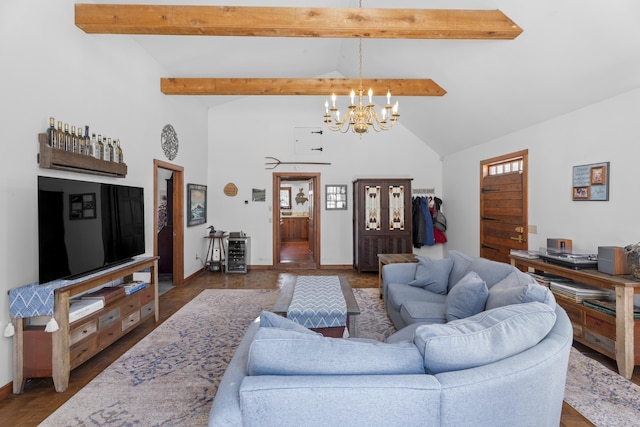 living room featuring high vaulted ceiling, an inviting chandelier, and beam ceiling