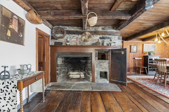 living room featuring a fireplace, wood walls, beamed ceiling, dark hardwood / wood-style flooring, and wood ceiling