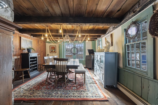 dining area featuring wood ceiling, beamed ceiling, wood-type flooring, and a baseboard heating unit