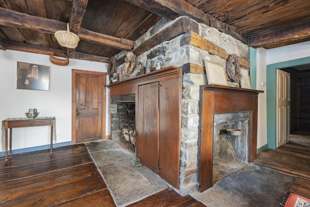 living room with wood ceiling, dark hardwood / wood-style floors, and beam ceiling