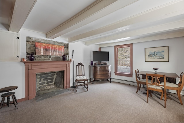 living area with beam ceiling, a fireplace with flush hearth, light colored carpet, and a baseboard radiator