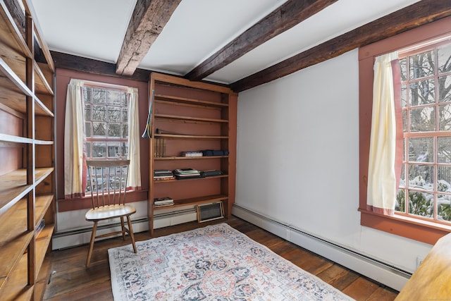 interior space with dark hardwood / wood-style flooring, beam ceiling, a wealth of natural light, and baseboard heating