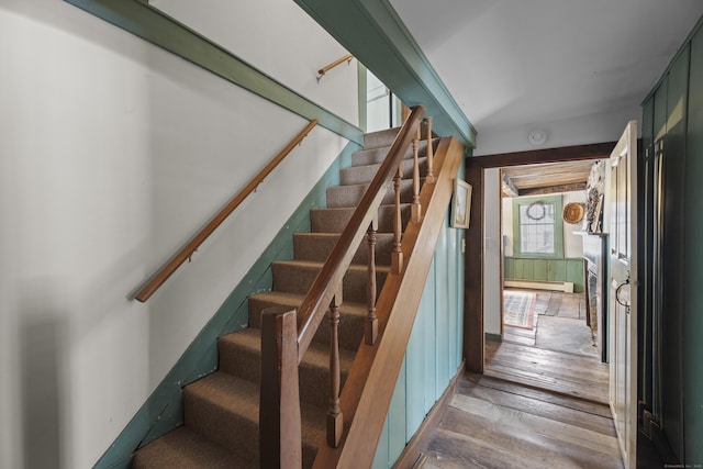 staircase with baseboard heating and hardwood / wood-style floors