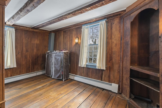 empty room with dark hardwood / wood-style floors, a baseboard radiator, and wooden walls