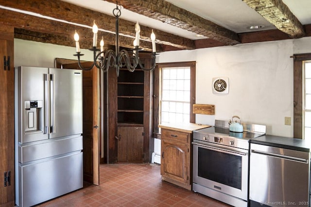 131 Cow Hill Rd, Clinton, CT 06413 - kitchen with dark floors, an inviting chandelier, visible vents, beamed ceiling, and appliances with stainless steel finishes