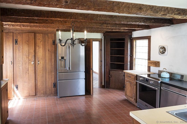 131 Cow Hill Rd, Clinton, CT 06413 - kitchen with stainless steel appliances, visible vents, an inviting chandelier, beamed ceiling, and dark floors