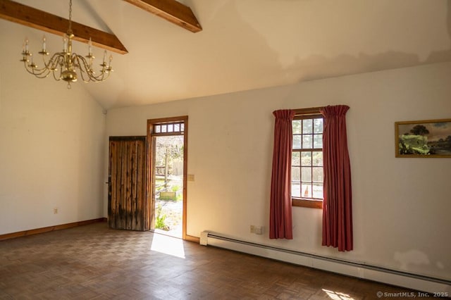 131 Cow Hill Rd, Clinton, CT 06413 - unfurnished room featuring a chandelier, beamed ceiling, baseboard heating, baseboards, and high vaulted ceiling
