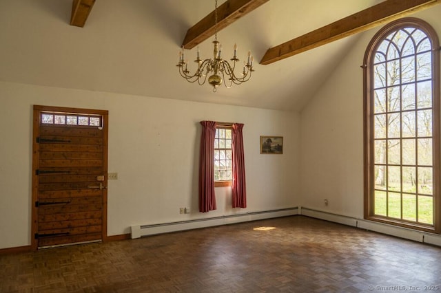 131 Cow Hill Rd, Clinton, CT 06413 - entryway featuring a baseboard heating unit, an inviting chandelier, and vaulted ceiling with beams