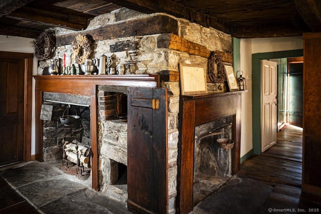 131 Cow Hill Rd, Clinton, CT 06413 - interior space with a fireplace, wood ceiling, and beamed ceiling