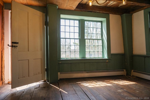 131 Cow Hill Rd, Clinton, CT 06413 - empty room with wood-type flooring, baseboard heating, beam ceiling, and wood ceiling