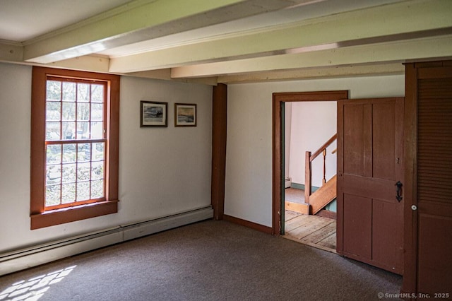 131 Cow Hill Rd, Clinton, CT 06413 - carpeted spare room with a baseboard heating unit and stairs