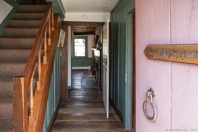 131 Cow Hill Rd, Clinton, CT 06413 - stairs featuring a baseboard radiator and wood finished floors