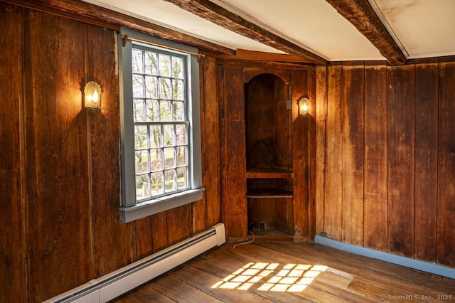 131 Cow Hill Rd, Clinton, CT 06413 - unfurnished room with hardwood / wood-style floors, wood walls, baseboard heating, and plenty of natural light