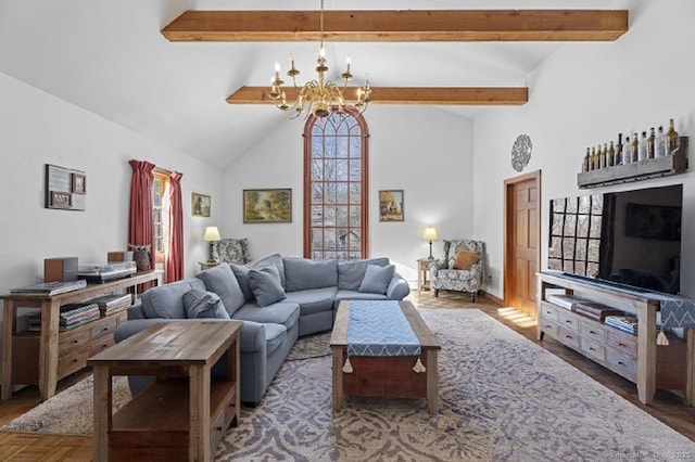 131 Cow Hill Rd, Clinton, CT 06413 - living room featuring a chandelier, beam ceiling, and high vaulted ceiling