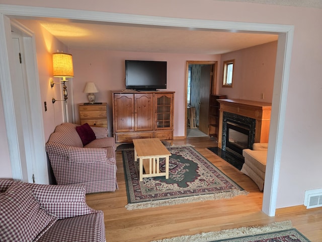 living room with a fireplace and light hardwood / wood-style floors