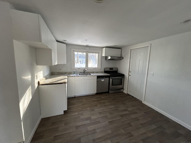 kitchen featuring dark wood-type flooring, sink, range hood, white cabinetry, and stainless steel appliances