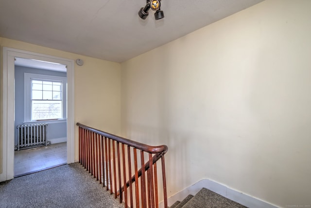 stairs featuring radiator heating unit and carpet floors