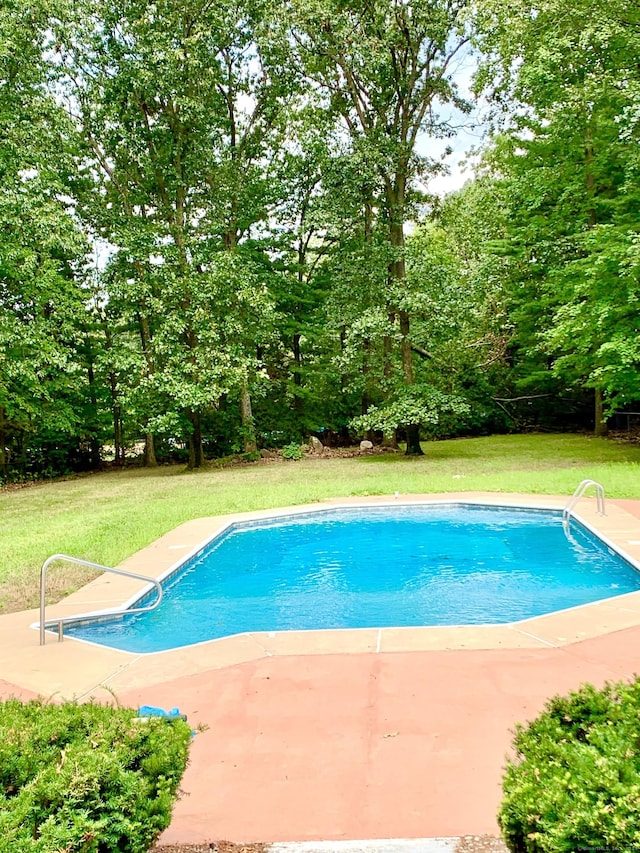 view of pool with a lawn