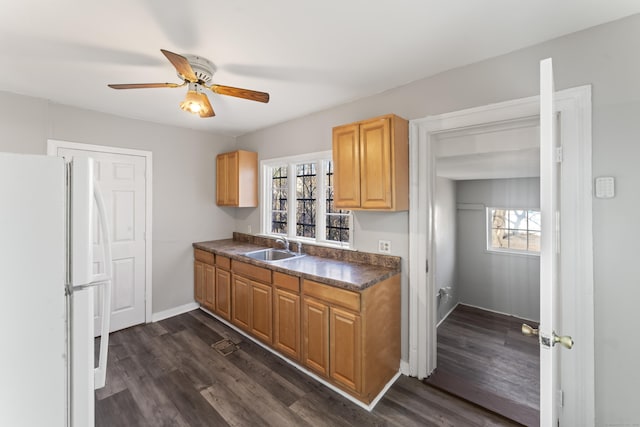 kitchen with ceiling fan, white refrigerator, dark hardwood / wood-style floors, and sink