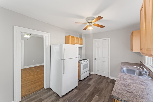 kitchen with light brown cabinets, white appliances, sink, and dark wood-type flooring