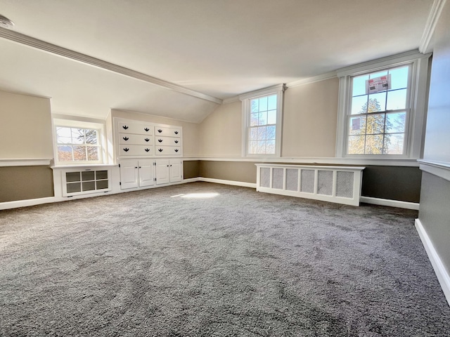 additional living space with carpet, radiator heating unit, and vaulted ceiling