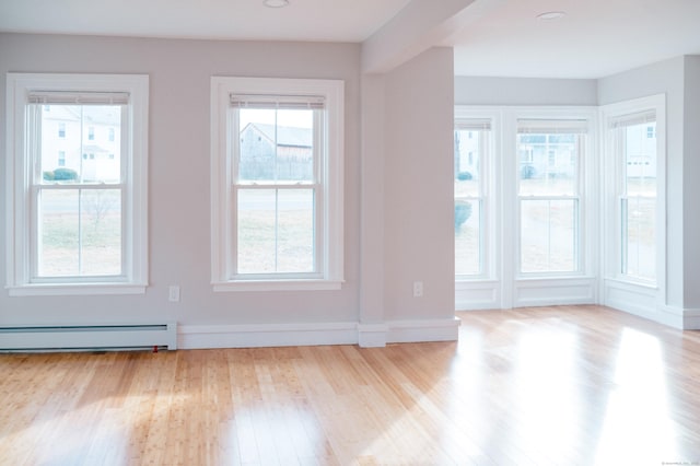 unfurnished room with a baseboard radiator, wood finished floors, a wealth of natural light, and baseboards