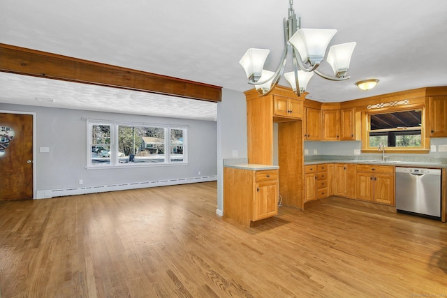 kitchen with baseboard heating, sink, light hardwood / wood-style flooring, an inviting chandelier, and dishwasher