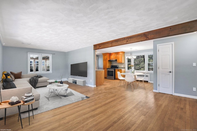 living room featuring radiator heating unit and light hardwood / wood-style floors