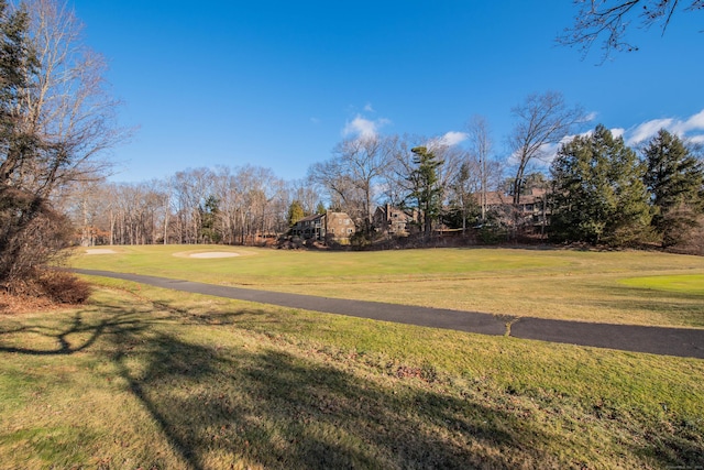 view of property's community with a lawn and golf course view