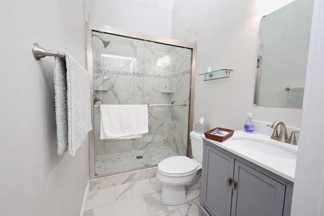 bathroom with an enclosed shower, vanity, and toilet