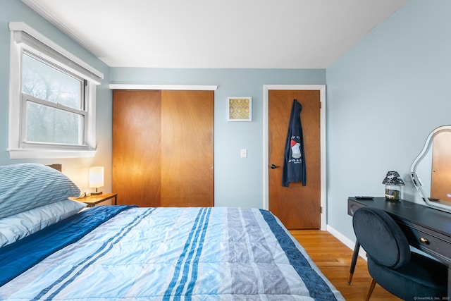 bedroom with a closet and hardwood / wood-style flooring