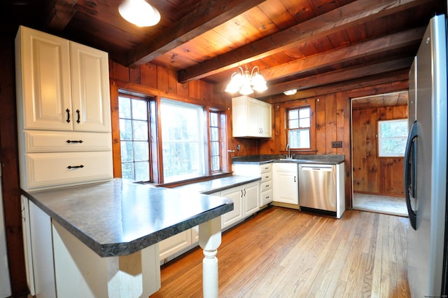 kitchen with white cabinetry, kitchen peninsula, pendant lighting, wooden walls, and appliances with stainless steel finishes