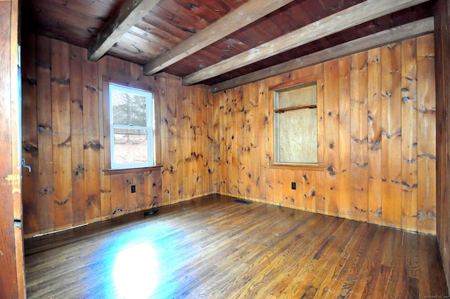 empty room featuring beamed ceiling, wood walls, dark hardwood / wood-style flooring, and wood ceiling