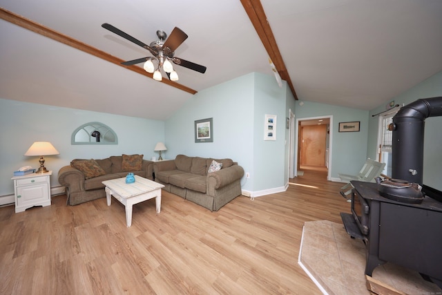 living room featuring lofted ceiling with beams, ceiling fan, light wood-type flooring, and a wood stove