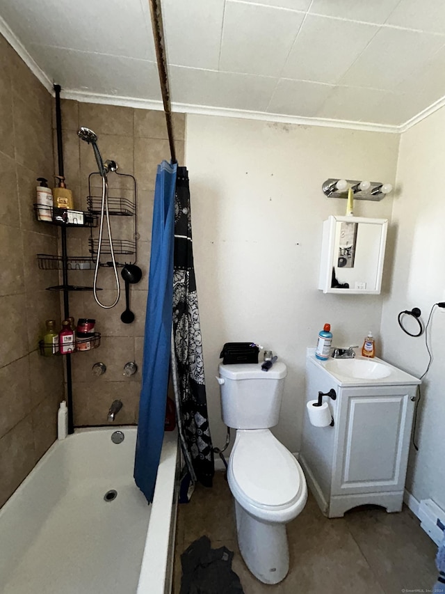 full bathroom with vanity, toilet, shower / bathtub combination with curtain, and crown molding