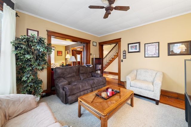 living room featuring light wood-type flooring, ceiling fan, and crown molding