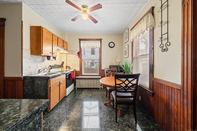 kitchen with range with electric stovetop, a wealth of natural light, radiator heating unit, and sink