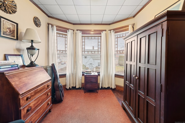 carpeted office space featuring ornamental molding