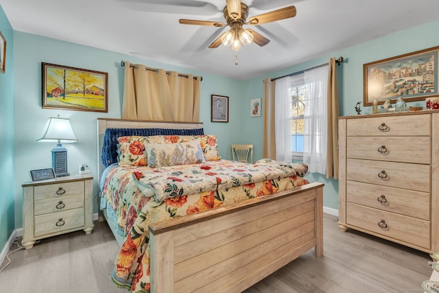 bedroom with ceiling fan and light hardwood / wood-style floors