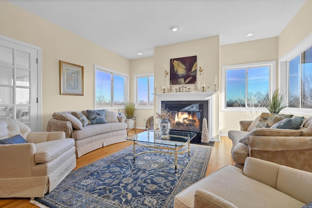 living room with a healthy amount of sunlight, wood-type flooring, and a textured ceiling