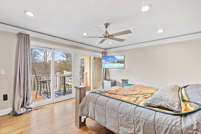 bedroom with hardwood / wood-style floors, ceiling fan, ornamental molding, and access to outside